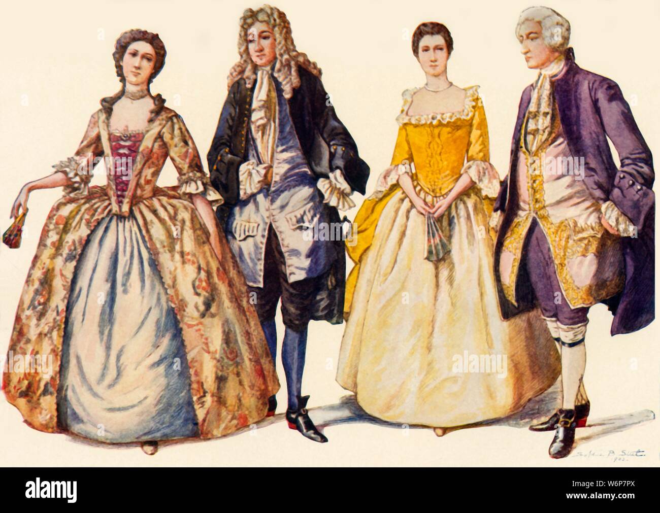'Clothing Reigns of Queen Anne and George I, 1702-1725', 1903, (1937). From &quot;History of American Costume - Book One 1607-1800&quot;, by Elisabeth McClellan. [Tudor Publishing Company, New York, 1937] Stock Photo