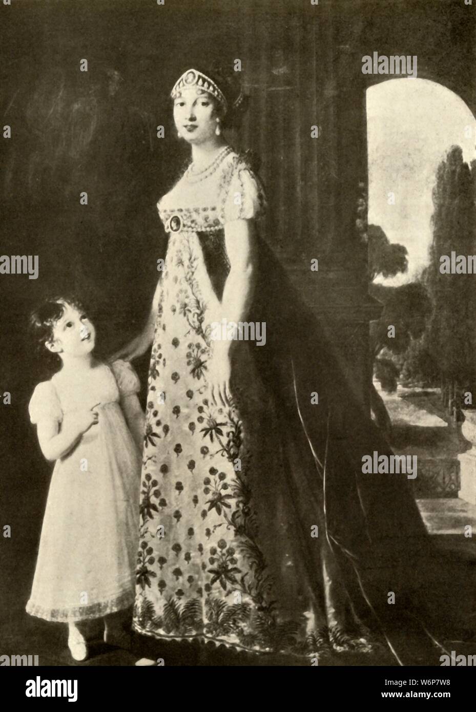 Empire gown and child's dress trimmed with Valenciennes lace', 1804, (1937). The Emire line was a high waistline, often worn in white to denote high social status. From "History of American Costume - Empire gown and child's dress trimmed with Valenciennes lace', 1804, (1937). The Emire line was a high waistline, often worn in white to denote high social status. From "History of American Costume -