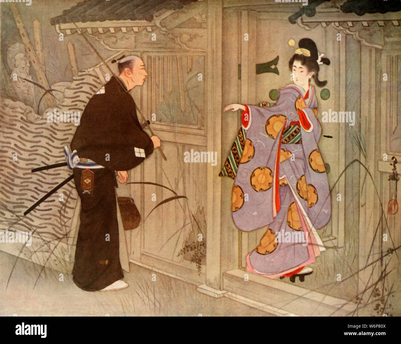 What was the young man's astonishment to see a pretty young girl standing  just within the gate', 1919. A young samurai 'happened to pass a deserted  Buddhist temple. He noticed that the