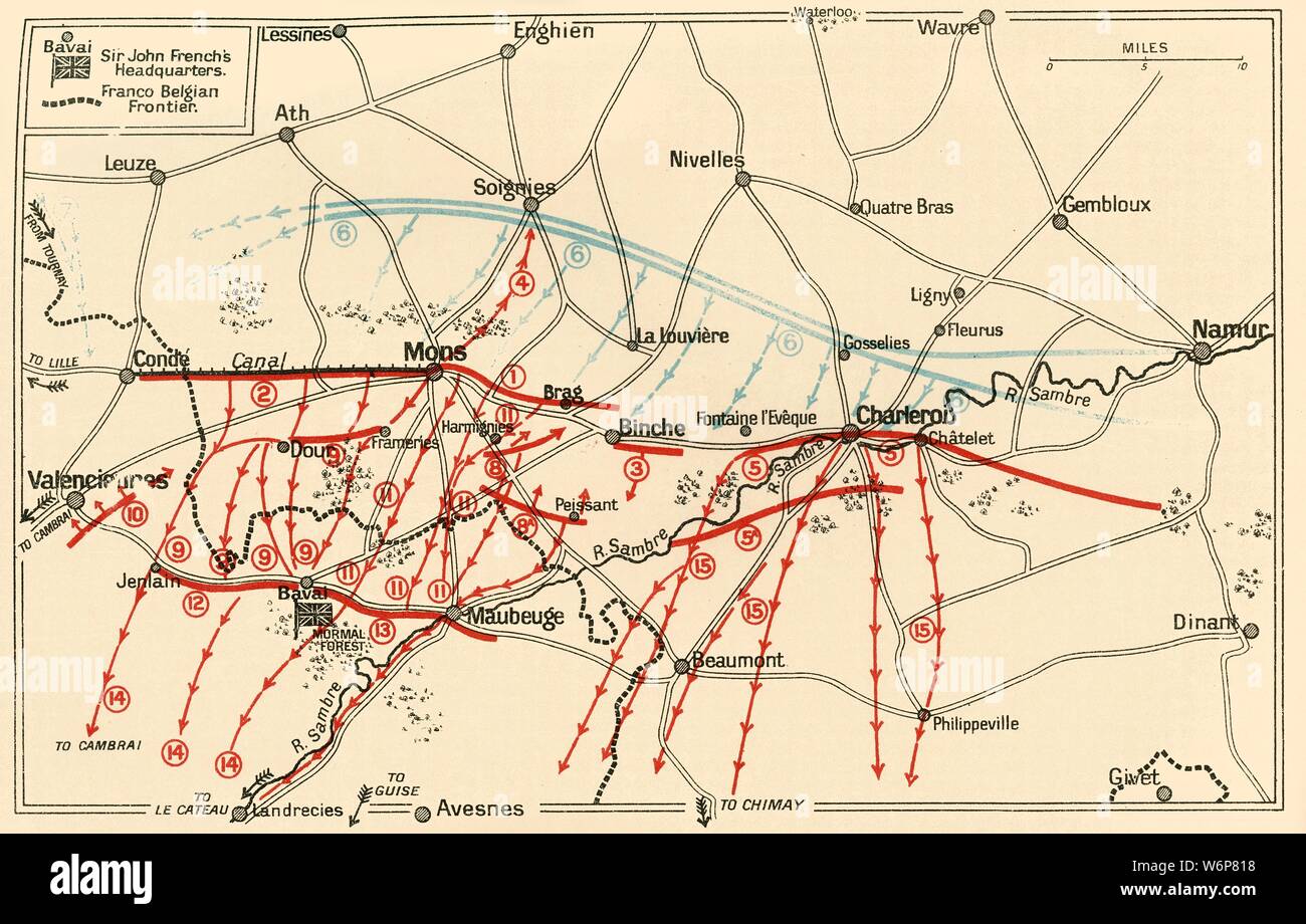 'Sketch of the Chief Operations Near Mons and Charleroi', c1914, (c1920). British, French and German positions in northern France and Belgium at the start of the First World War, 'based on Sir John French's report'. From &quot;The Great World War - A History: Volume 1&quot;. [The Gresham Publishing Company Ltd., London, 1920] Stock Photo