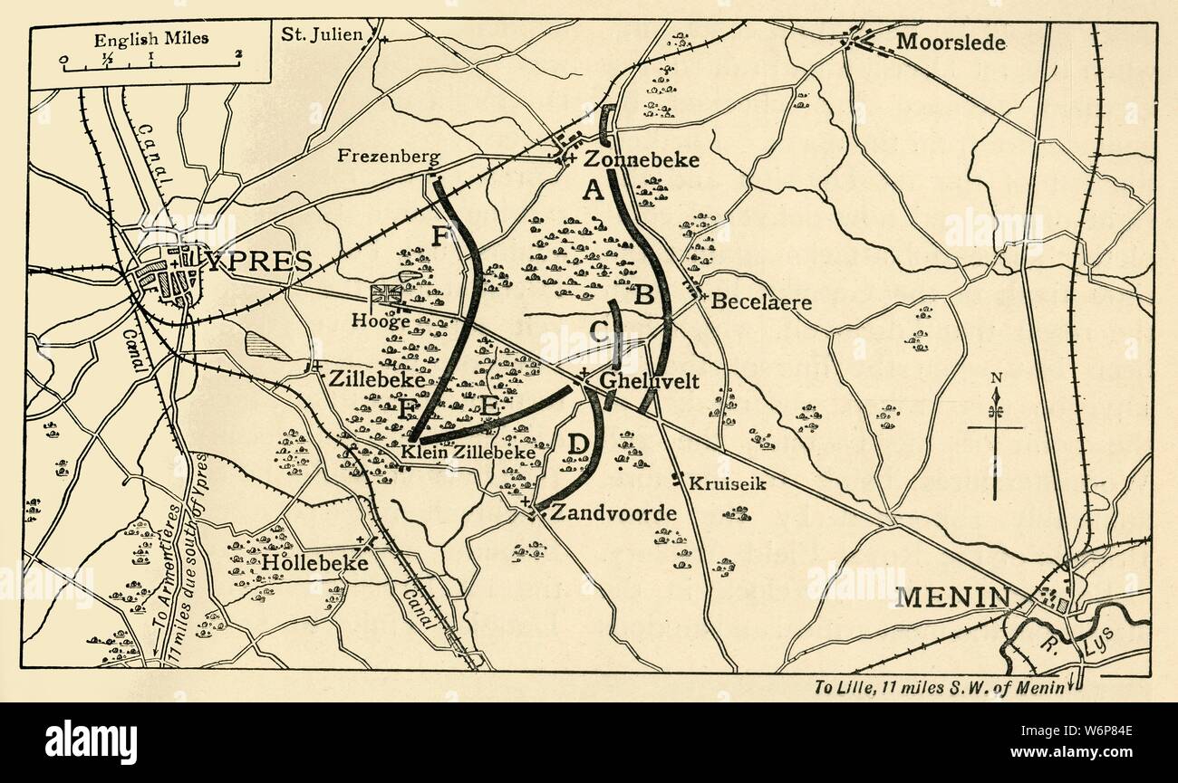 British positions before the First Battle of Ypres, First World War, 29-31 October 1914, (c1920). From &quot;The Great World War - A History&quot; Volume I, edited by Frank A Mumby. [The Gresham Publishing Company Ltd, London, c1920] Stock Photo