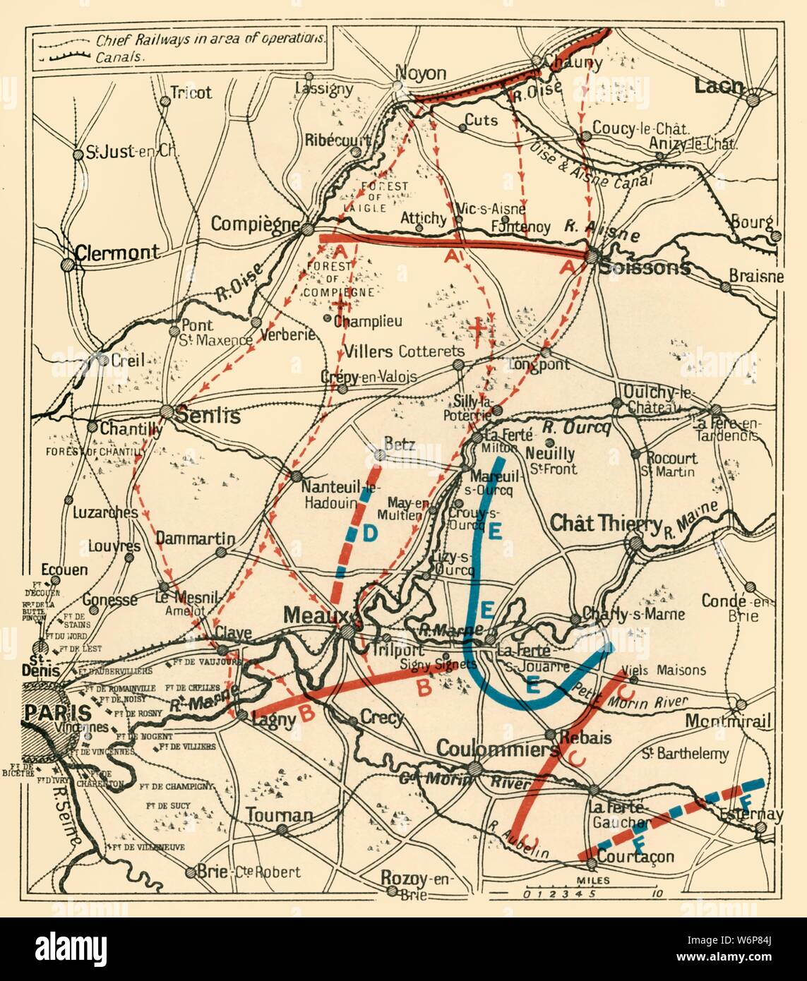 'The Second Phase of the Great Retreat: Plan Showing the British Positions from August 28 to September 6, 1914', 1920. 'The map also indicates the positions of the Allies and of the German army under General von Kluck at the beginning of the Battle of the Marne'. Map of northern France, showing battle lines during the First World War. From &quot;The Great World War - A History&quot; Volume I, edited by Frank A Mumby. [The Gresham Publishing Company Ltd, London, c1920] Stock Photo