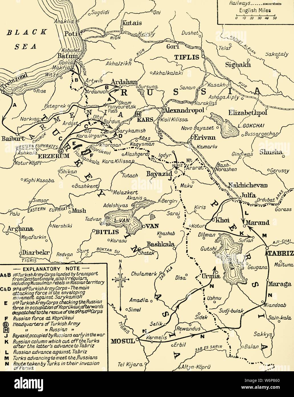Map of the border between Russia and Turkey, First World War, (c1920). 'Map illustrating Turkey's disastrous Advance in the Caucasus and her Invasion of Persia - December, 1914 - January, 1915'. From &quot;The Great World War - A History&quot; Volume II, edited by Frank A Mumby. [The Gresham Publishing Company Ltd, London, c1920] Stock Photo