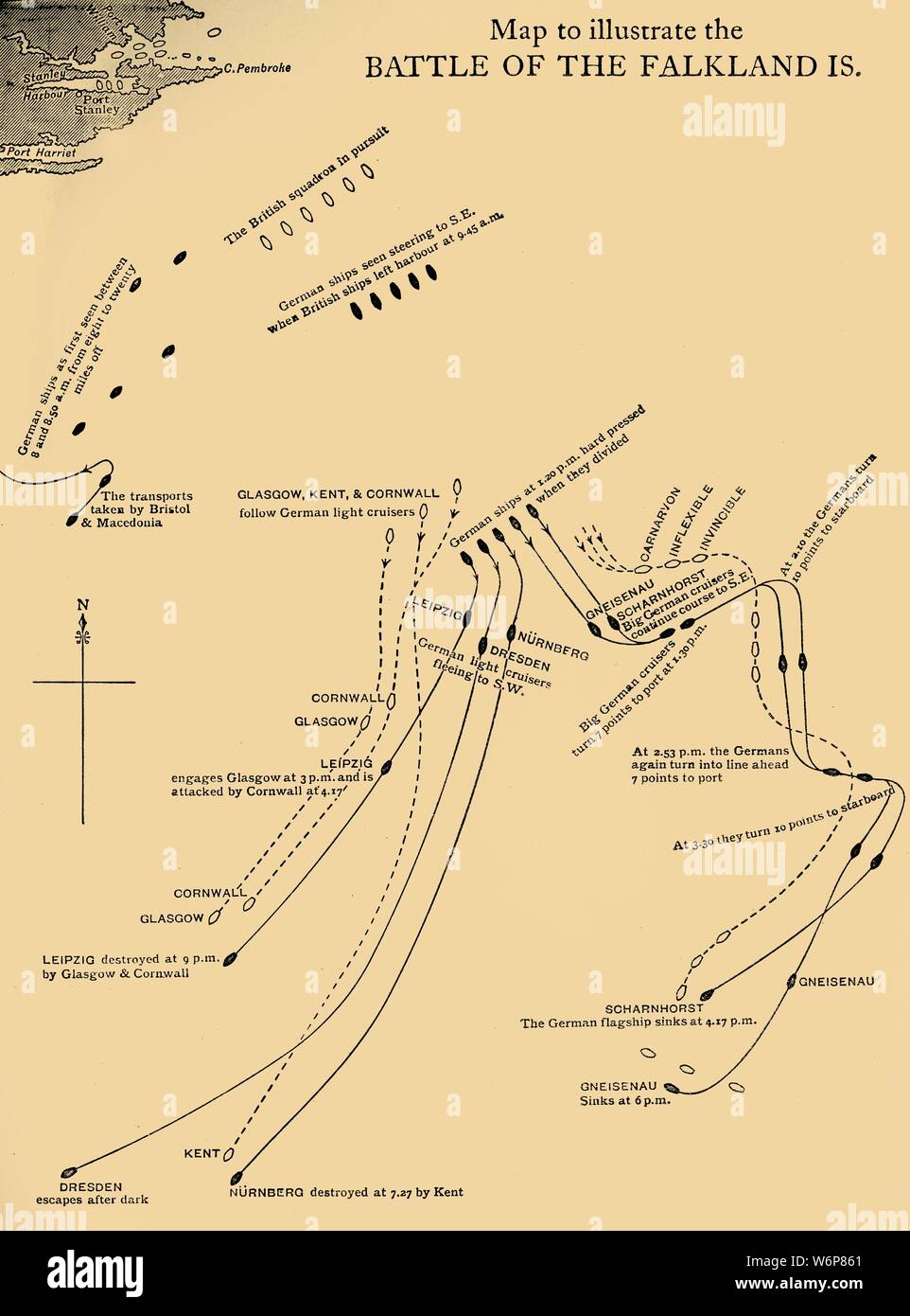 Map illustrating the Battle of the Falkland Islands on 8 December 1914, (c1920). Diagram showing movements during the Battle of the Falkland Islands, a naval engagement of the First World War, fought in the South Atlantic between the Royal Navy and the Kaiserliche Marine (Imperial German Navy). The German SMS 'Scharnhorst' was lost with all hands. From &quot;The Great World War - A History&quot; Volume II, edited by Frank A Mumby. [The Gresham Publishing Company Ltd, London, c1920] Stock Photo