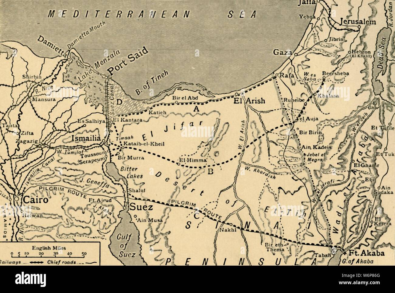 Map of the Turkish attack on the Suez Canal, Egypt, First World War, 1915, (c1920). 'Map showing approximately the direction of the Turkish Attack on the Suez Canal, January 25 - February 3, 1915'. From &quot;The Great World War - A History&quot; Volume II, edited by Frank A Mumby. [The Gresham Publishing Company Ltd, London, c1920] Stock Photo