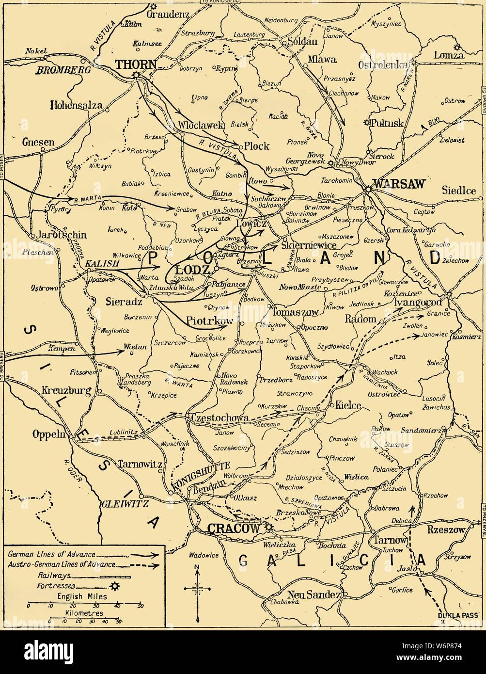 'The Polish Campaign', 1914, (c1920). '...map illustrating the struggle for Warsaw, October-December (1914)', showing German and Austro-Hungarian lines of advance during the First World War. From &quot;The Great World War - A History&quot; Volume II, edited by Frank A Mumby. [The Gresham Publishing Company Ltd, London, c1920] Stock Photo