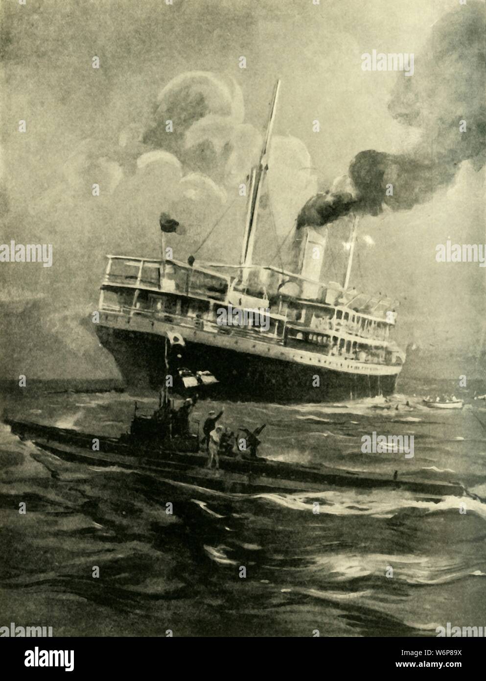 The sinking of the Falaba, First World War, 28 March 1915, (c1920). '...how  the Elder-Dempster liner was torpedoed by the German submarine - with the  loss of 111 lives - while the