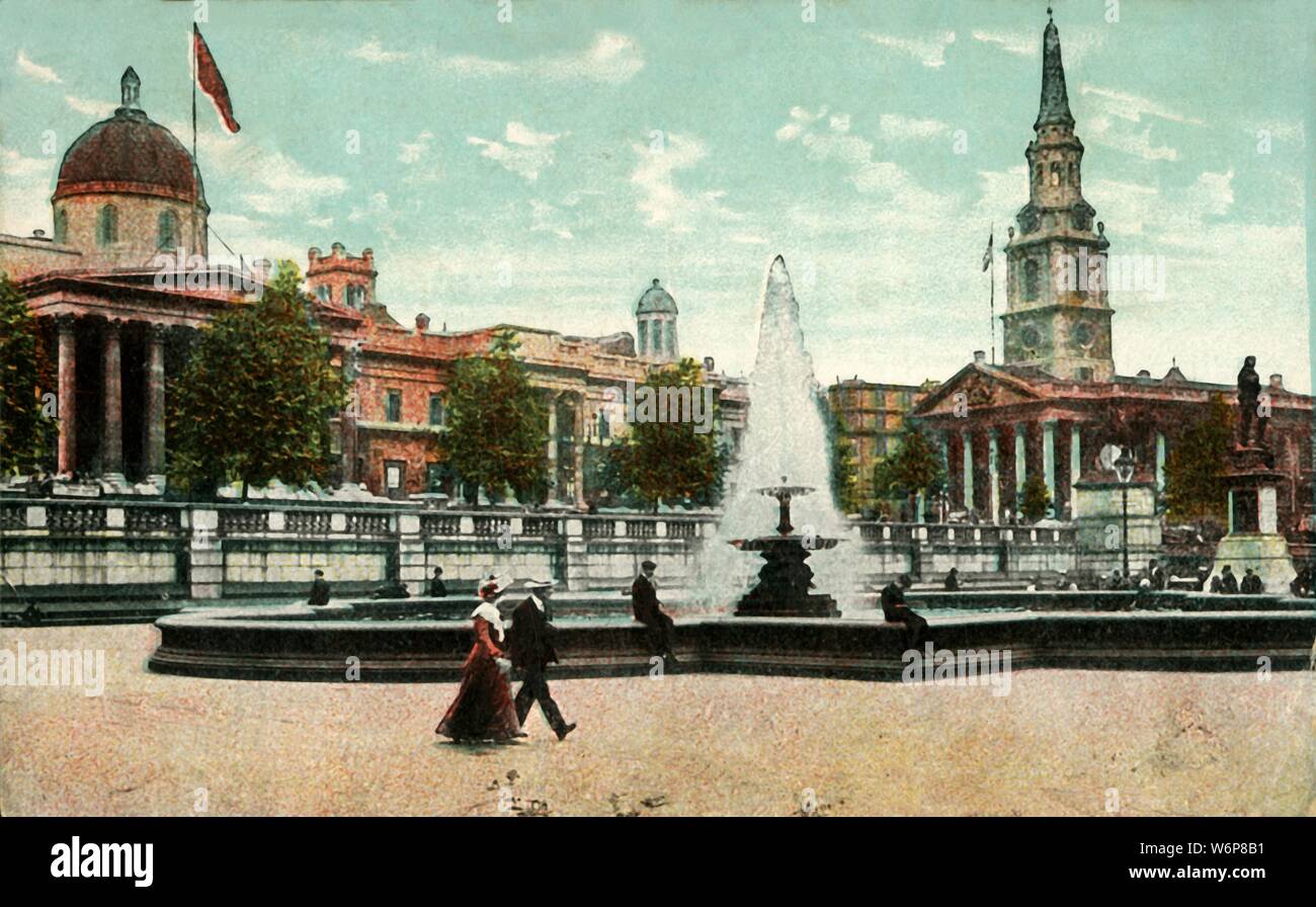 The National Gallery, St Martin in the Fields, and fountains in Trafalgar Square, London, c1910. The National Gallery, established in 1824, houses an internationally important art collection. The church of St Martin in the Fields was designed by James Gibbs in 1722-1726. Postcard. Stock Photo