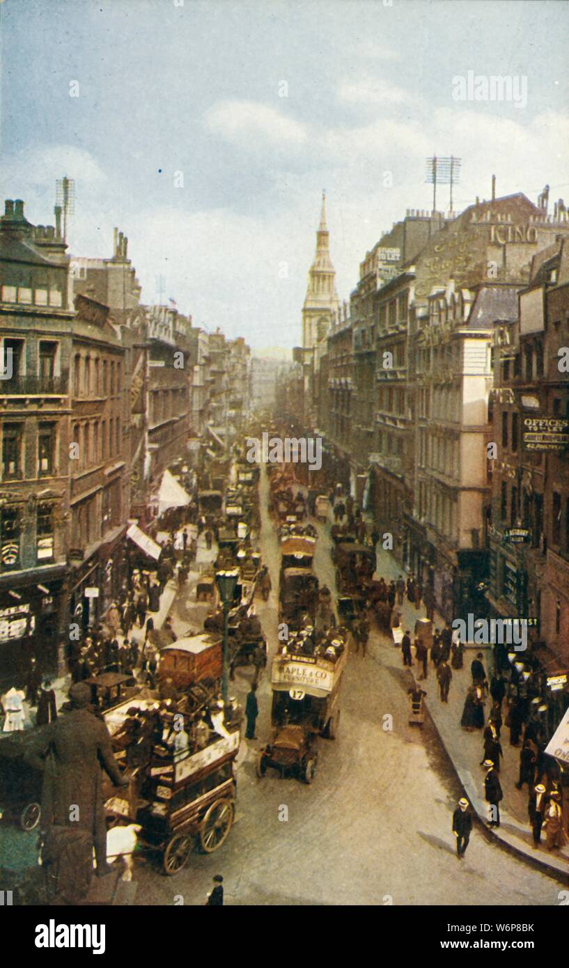 Cheapside, London, c1910. Looking east, with the spire of St Mary-le-Bow in the distance. In the foreground is a statue of Sir Robert Peel at the junction of Cheapside and St Martin's le Grand. This was removed in the 1930s. Postcard. [Celesque Series, Photochrom Co Ltd] Stock Photo