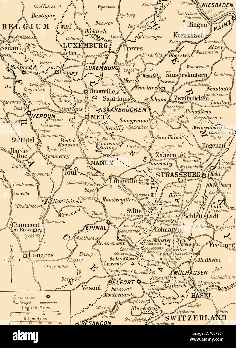 Map showing the border between France and Germany, First World War, c1915, (c1920). 'The Franco-German Frontier', disputed territory. From &quot;The Great World War - A History&quot; Volume II, edited by Frank A Mumby. [The Gresham Publishing Company Ltd, London, c1920] Stock Photo