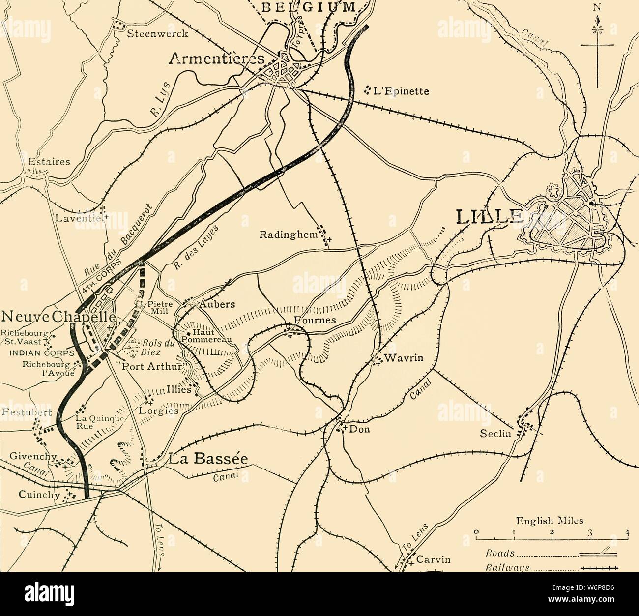 'The Battleground of Neuve Chapelle', First World War, 1915, (c1920). 'Map showing the British positions on the eve of the attack, and the British line before and after the fighting of March 10-14, 1915'. The landscape of the village of Neuve-Chapelle and surrounding countryside in northern France. The battle marked a watershed in trench warfare. From &quot;The Great World War - A History&quot; Volume III, edited by Frank A Mumby. [The Gresham Publishing Company Ltd, London, c1920] Stock Photo