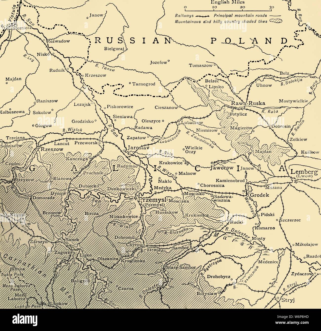 'The Galician Campaign', First World War, c1915, (c1920). 'Map showing Przemysl in relation to Lemberg'. Austrian prisoners of war marched the sixty miles to Lemberg after surrendering to the Russians at the fortress of Przemysl (now in south-eastern Poland). From &quot;The Great World War - A History&quot; Volume III, edited by Frank A Mumby. [The Gresham Publishing Company Ltd, London, c1920] Stock Photo