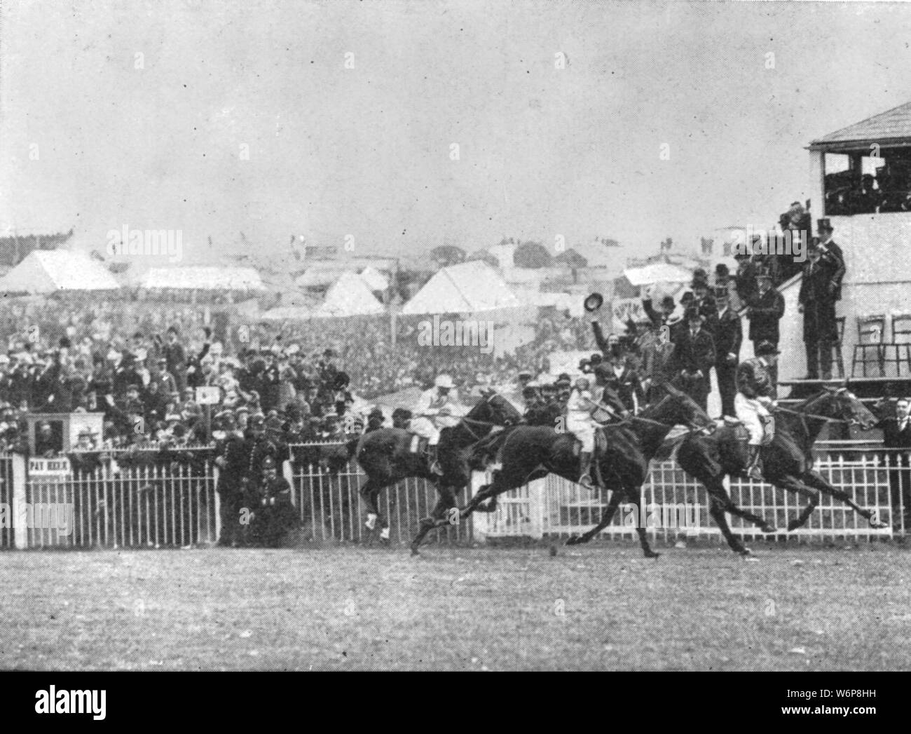 'The Prince's Second Derby, 1900: 'Diamond Jubilee' first past the post', (1901). Thoroughbred race horse owned by the Prince of Wales winning the Derby at Epsom racecourse in Surrey. Diamond Jubilee was bred by his owner, Prince Albert Edward (1841-1910), the future King Edward VII. He was foaled in 1897, the year of Queen Victoria's Diamond Jubilee. From &quot;The Illustrated London News Record of the Glorious Reign of Queen Victoria 1837-1901: The Life and Accession of King Edward VII. and the Life of Queen Alexandra&quot;. [London, 1901] Stock Photo