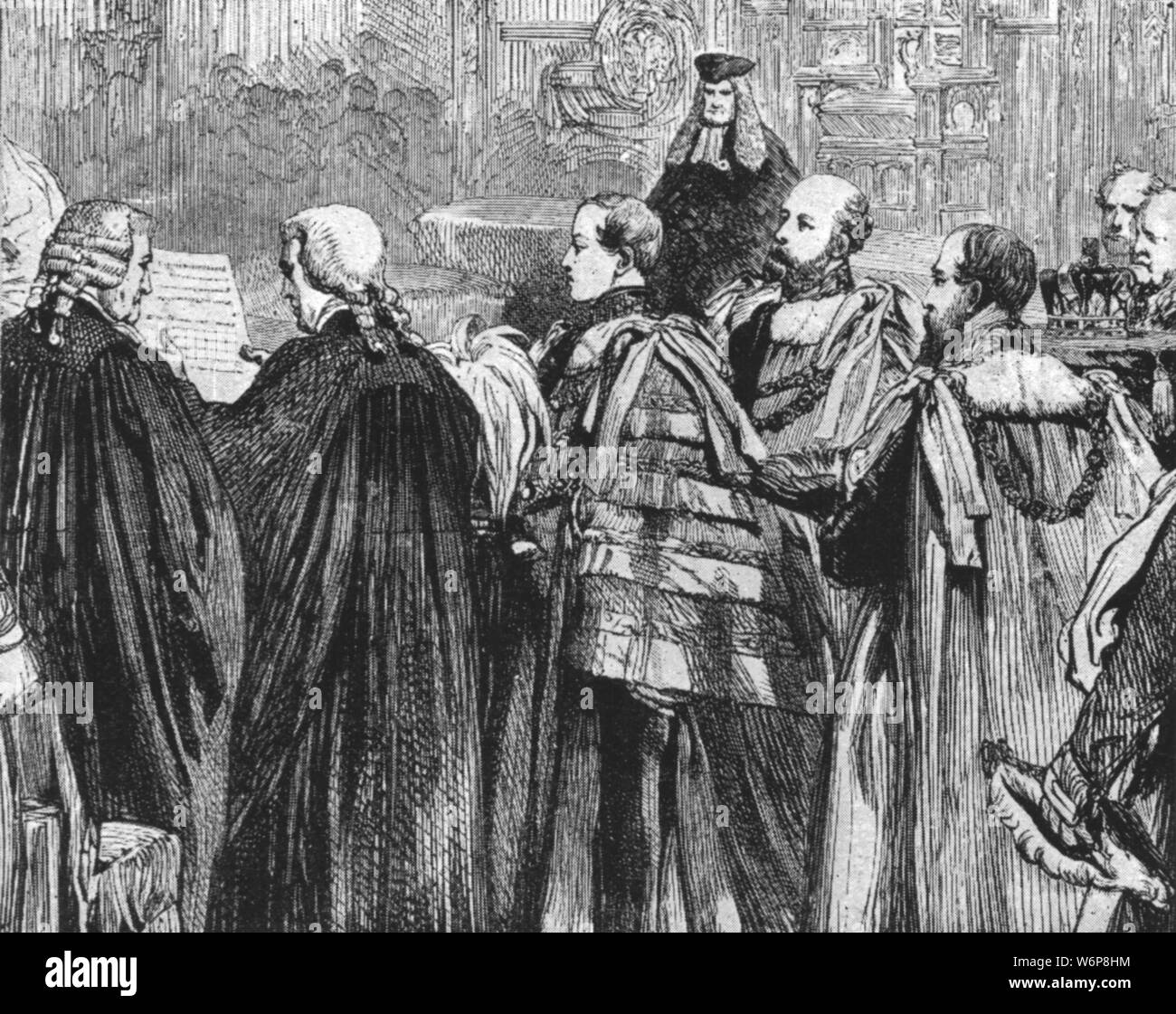 'The Prince of Wales taking his seat for the first time in the House of Lords as a Peer of the Realm, February 5, 1863', (1901). Prince Albert Edward (1841-1910), the future King Edward VII, at the Palace of Westminster in London. From &quot;The Illustrated London News Record of the Glorious Reign of Queen Victoria 1837-1901: The Life and Accession of King Edward VII. and the Life of Queen Alexandra&quot;. [London, 1901] Stock Photo