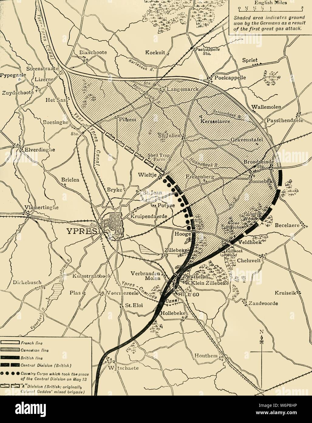 'The Ypres Salient before and after the Second Battle of Ypres, April 22-May 13', First World War, 1915, (c1920). Map showing positions of the allied forces around Ypres in Belgium: French, Canadian and British, the 'Cavalry Corps which took the place of the Central Division on May13', and '&quot;A Division (British; originally Colonel Geddes' mixed brigade)'. The shaded area indicates 'ground won by the Germans as a result of the first great gas attack.' From &quot;The Great World War - A History&quot; Volume III, edited by Frank A Mumby. [The Gresham Publishing Company Ltd, London, c1920] Stock Photo