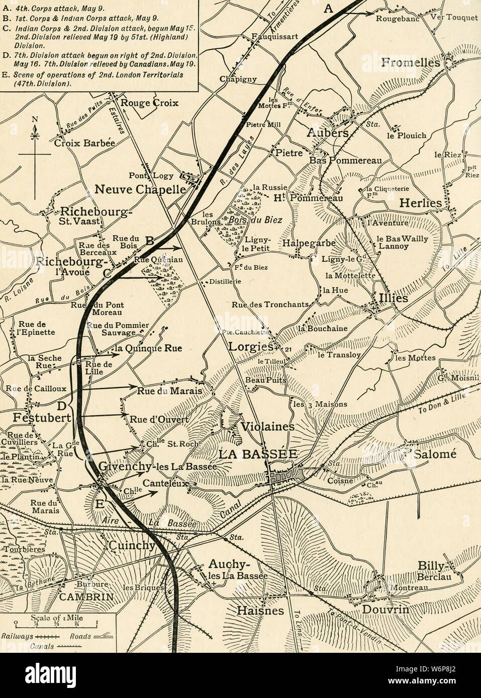 'Map illustrating the Operations of the First Army, under Sir Douglas Haig, during May and June, 1915', First World War, (c1920). Part of northern France showing British positions near the town of Neuve-Chapelle. From &quot;The Great World War - A History&quot; Volume III, edited by Frank A Mumby. [The Gresham Publishing Company Ltd, London, c1920] Stock Photo