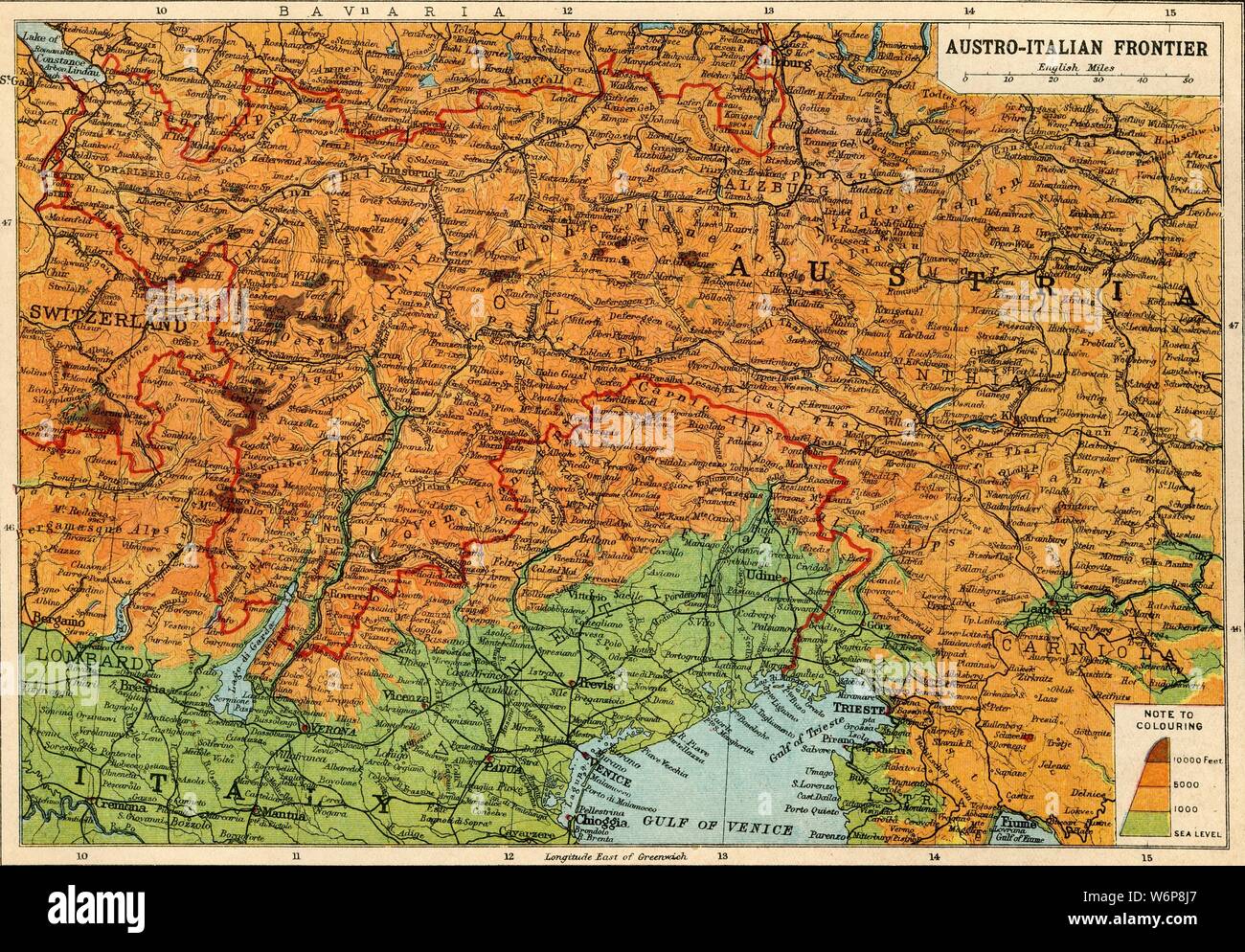 Map of the Austro-Italian frontier, First World War, (c1920). Mountainous area between Salzburg, Trieste and Cremona, showing the Tyrol. From &quot;The Great World War - A History&quot; Volume III, edited by Frank A Mumby. [The Gresham Publishing Company Ltd, London, c1920] Stock Photo
