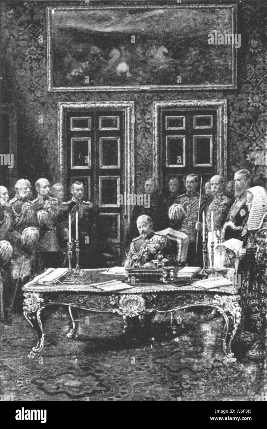 'Edward VII Performing his First Act of State, 1901: Signing the Oath for the Security of the Church of Scotland, January 24', 1901. King Edward VII (1841-1910) signing documents just days after he acceded to the throne. The British sovereign is required to take the Oath to preserve the security of the Church of Scotland at his or her accession.This has been done by every sovereign since George l in 1714. From &quot;The Illustrated London News Record of the Glorious Reign of Queen Victoria 1837-1901: The Life and Accession of King Edward VII. and the Life of Queen Alexandra&quot;. [London, 190 Stock Photo