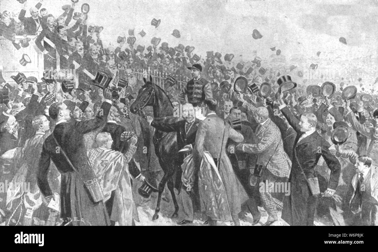 'The Prince's First Derby, 1896: His Royal Highness leading 'Persimmon' into the weighing enclosure at Epsom after the race', (1901). The Prince of Wales leads his horse as spectators cheer. Thoroughbred race horse Persimmon, owned by Prince Albert Edward (1841-1910, the future King Edward VII), won both the Derby at Epsom racecourse in Surrey, and the St Leger at Doncaster in the same year. From &quot;The Illustrated London News Record of the Glorious Reign of Queen Victoria 1837-1901: The Life and Accession of King Edward VII. and the Life of Queen Alexandra&quot;. [London, 1901]. Stock Photo