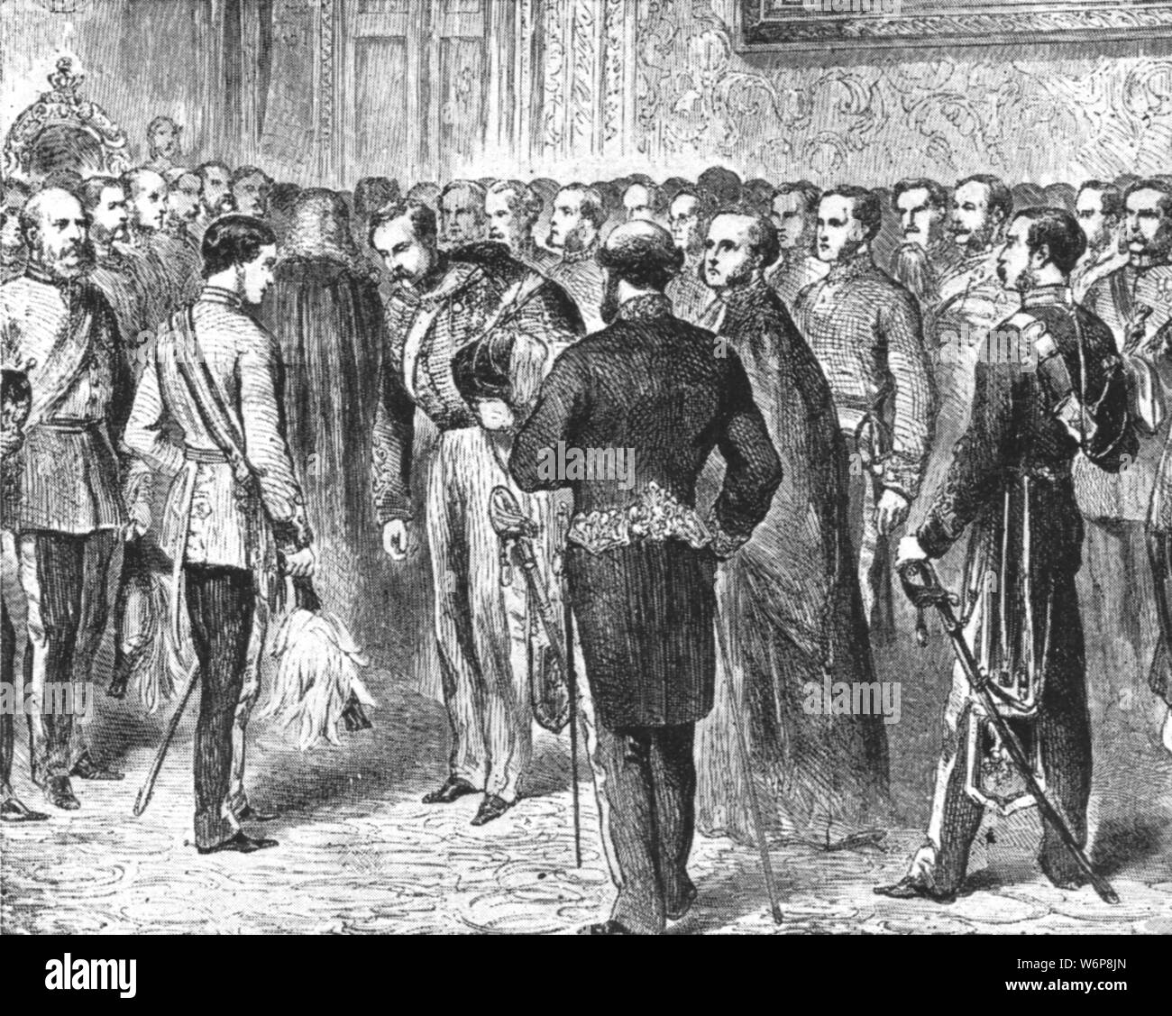 'The Prince of Wales Holding his First Levee, February 18, 1863', (1901). Prince Albert Edward (1841-1910, the future King Edward VII, second left), meets officials, diplomats, and military officers at St James's Palace in London. Court lev&#xe9;es were formal receptions held by the British monarchy until 1939. Guests in full dress uniform or court dress were presented individually, and bowed to the monarch, with officials of the Royal Household and senior officers in attendance. From &quot;The Illustrated London News Record of the Glorious Reign of Queen Victoria 1837-1901: The Life and Acces Stock Photo