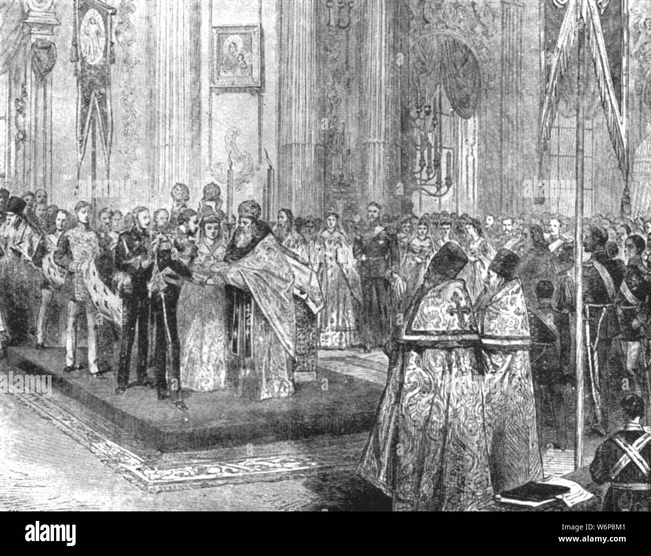 'The Marriage of The Duke of Edinburgh with The Grand Duchess Marie Alexandrovna, in The Winter Palace at St. Petersburg, January 23, 1874', (1901). Prince Alfred (1844-1900), son of Queen Victoria, married Maria Alexandrovna of Russia (1853-1920) in an Orthodox service at the Grand Church of the Winter Palace, St Petersburg, Russia. From &quot;The Illustrated London News Record of the Glorious Reign of Queen Victoria 1837-1901: The Life and Accession of King Edward VII. and the Life of Queen Alexandra&quot;. [London, 1901] Stock Photo
