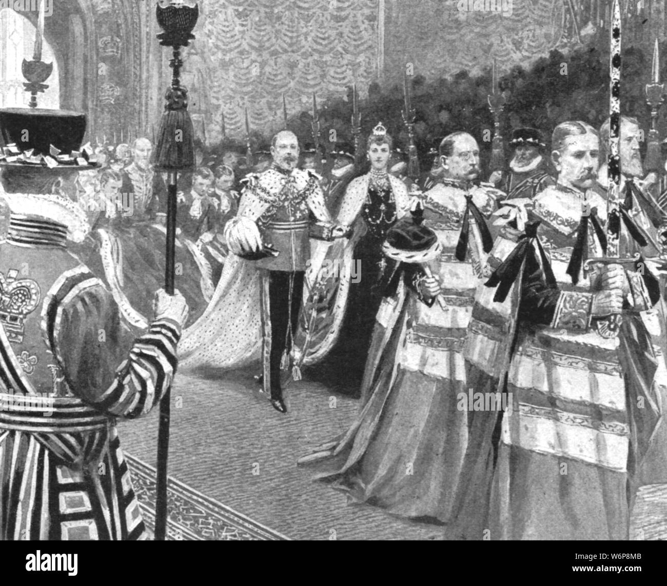 'Princess Alexandra as Queen of England: Her Majesty passing through the Royal Gallery at the opening of King Edward VII's First Parliament, February 14, 1901'. King Edward VII (1841-1910) and his wife Alexandra of Denmark (1844-1925) in the Houses of Parliament in Westminster. On the death of his mother Queen Victoria on 22 January 1901, Edward became King of the United Kingdom, and Alexandra became Queen consort. From &quot;The Illustrated London News Record of the Glorious Reign of Queen Victoria 1837-1901: The Life and Accession of King Edward VII. and the Life of Queen Alexandra&quot;. [L Stock Photo