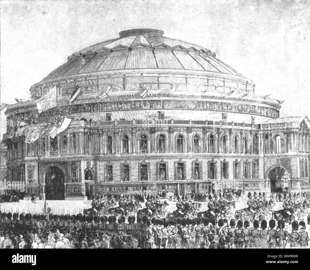 'The Royal Albert Hall, 1871: Opened by Queen Victoria, March 29', (1901). Queen Victoria (1819-1901) opening the concert hall in South Kensington, London. The building was originally to have been called the Central Hall of Arts and Sciences, but was renamed by Victoria in memory of her husband, Prince Albert, who died at the age of 42, and who had been instrumental in redeveloping the area which became known as 'Albertopolis'. From &quot;The Illustrated London News Record of the Glorious Reign of Queen Victoria 1837-1901: The Life and Accession of King Edward VII. and the Life of Queen Alexan Stock Photo