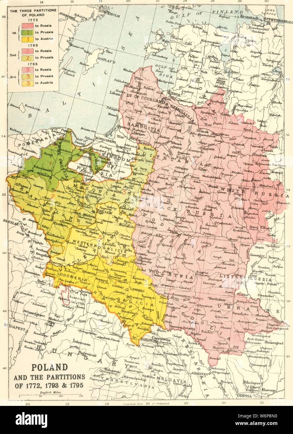 'Poland and the Partitions of 1772, 1793 &amp; 1795', (c1920). Map showing how territory in Europe was divided between the empires of Russia, Prussia and Austria in the 18th century. From &quot;The Great World War - A History&quot; Volume IV, edited by Frank A Mumby. [The Gresham Publishing Company Ltd, London, c1920] Stock Photo