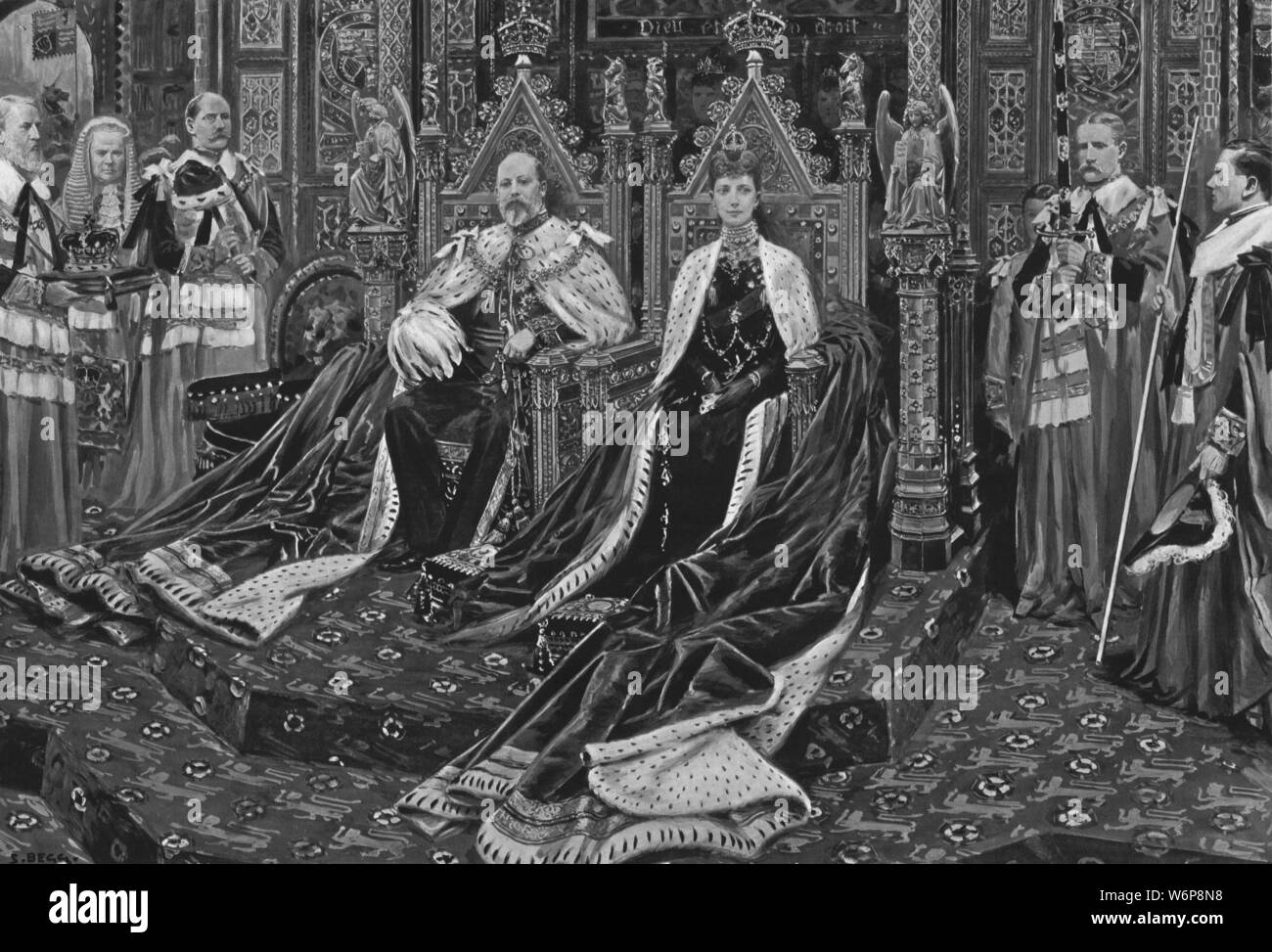 'King Edward VII. And Queen Alexandra at the Opening of His Majesty's First Parliament, February 14, 1901'. Edward VII (1841-1910) and Queen Alexandra (1844-1925) in ceremonial ermine, presiding over the state opening of parliament at the Palace of Westminster, London. From &quot;The Illustrated London News Record of the Glorious Reign of Queen Victoria 1837-1901: The Life and Accession of King Edward VII. and the Life of Queen Alexandra&quot;. [London, 1901] Stock Photo