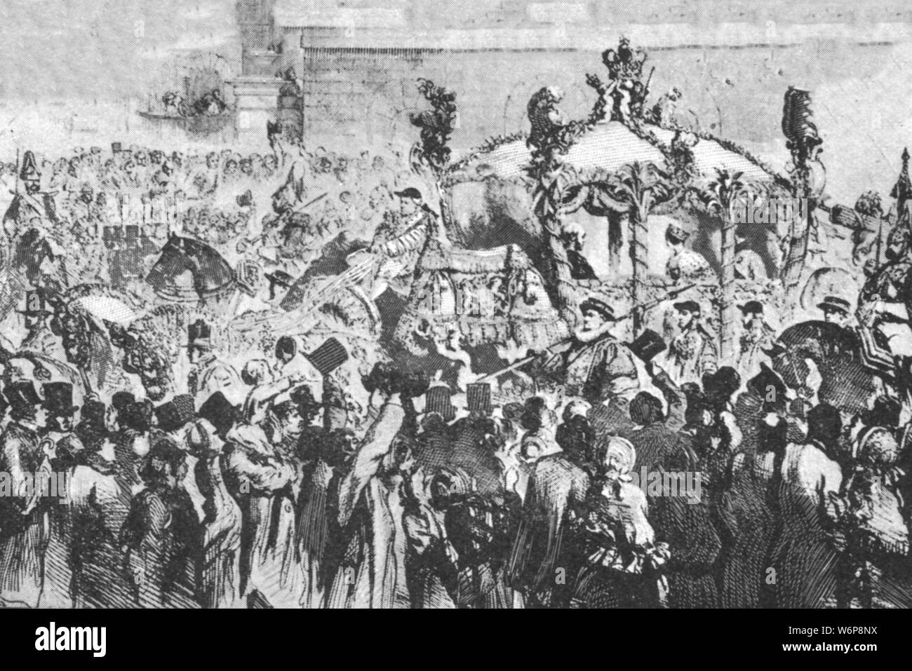 'The Procession to Westminster, January 31, 1856', (1901). Queen Victoria (1819-1901) travelling by state coach to the Houses of Parliament in London.From &quot;The Illustrated London News Record of the Glorious Reign of Queen Victoria 1837-1901: The Life and Accession of King Edward VII. and the Life of Queen Alexandra&quot;. [London, 1901] Stock Photo