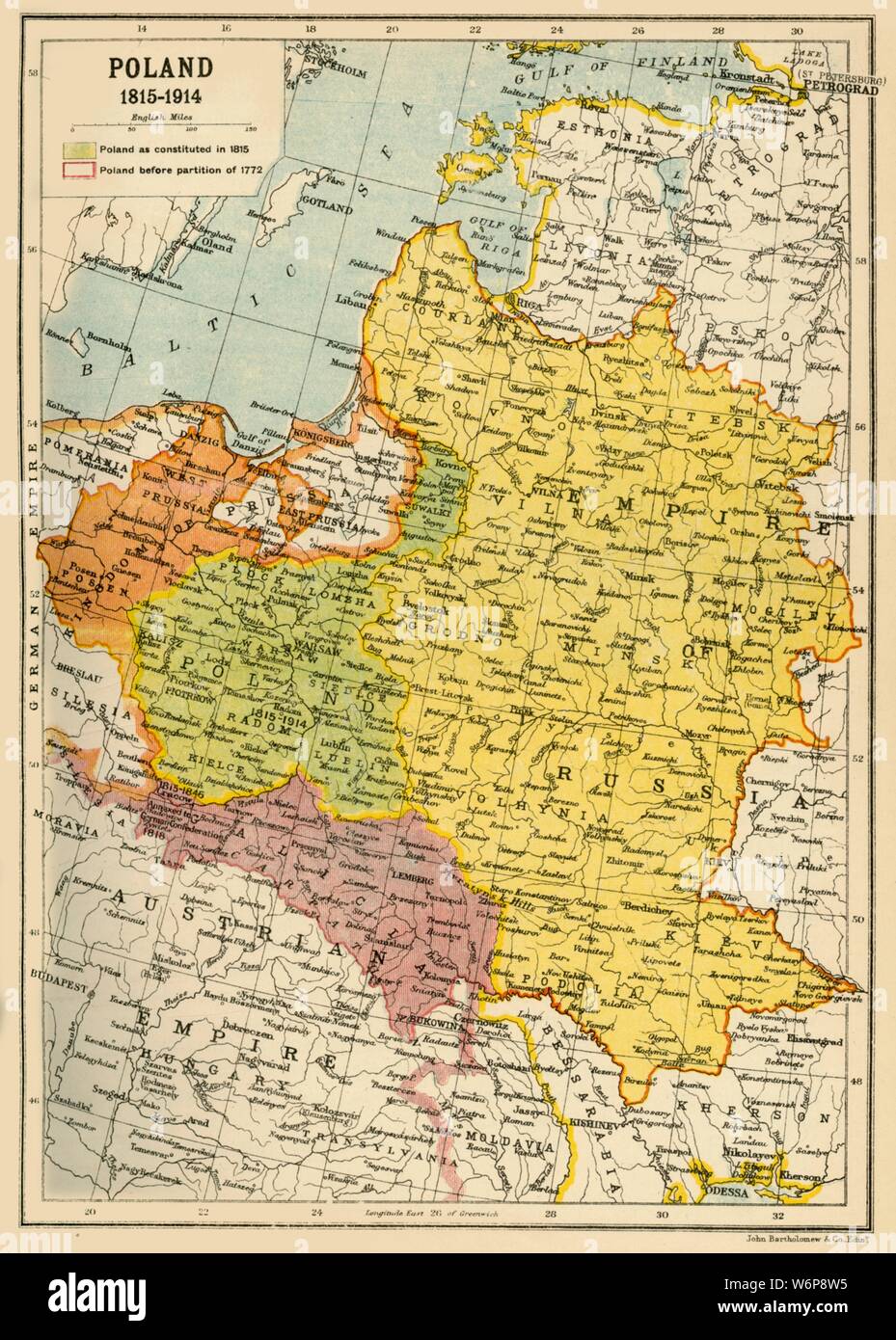 'Poland, 1815-1914', (c1920). Map showing Polish territory from the end of the 18th century until the First World War: 'Poland as constituted in 1815', and 'Poland before partition of 1772'. From &quot;The Great World War - A History&quot; Volume IV, edited by Frank A Mumby. [The Gresham Publishing Company Ltd, London, c1920] Stock Photo
