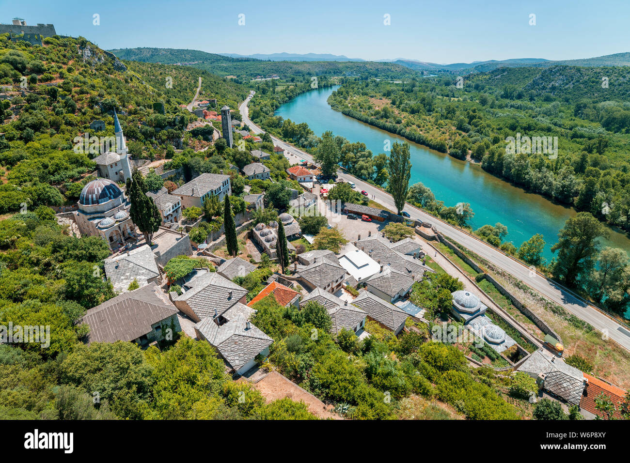 The Village Pocitelj in Bosnia and Herzegovina and the River Neretva Stock Photo
