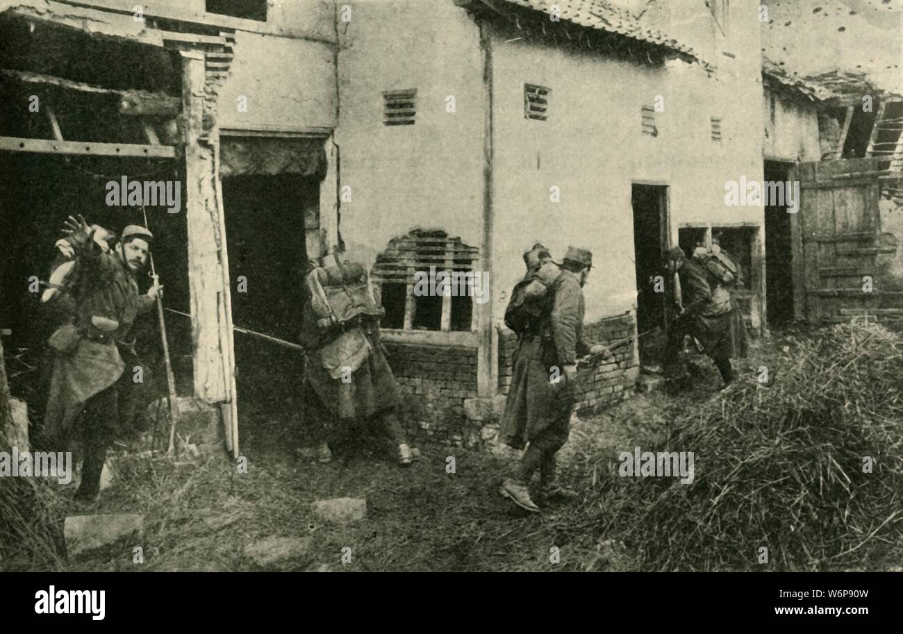 'Hunting for German Snipers on the Western Front', First World War, c1915, (c1920). '...a French raid on a ruined farmhouse between the opposing lines'. From &quot;The Great World War - A History&quot; Volume IV, edited by Frank A Mumby. [The Gresham Publishing Company Ltd, London, c1920] Stock Photo