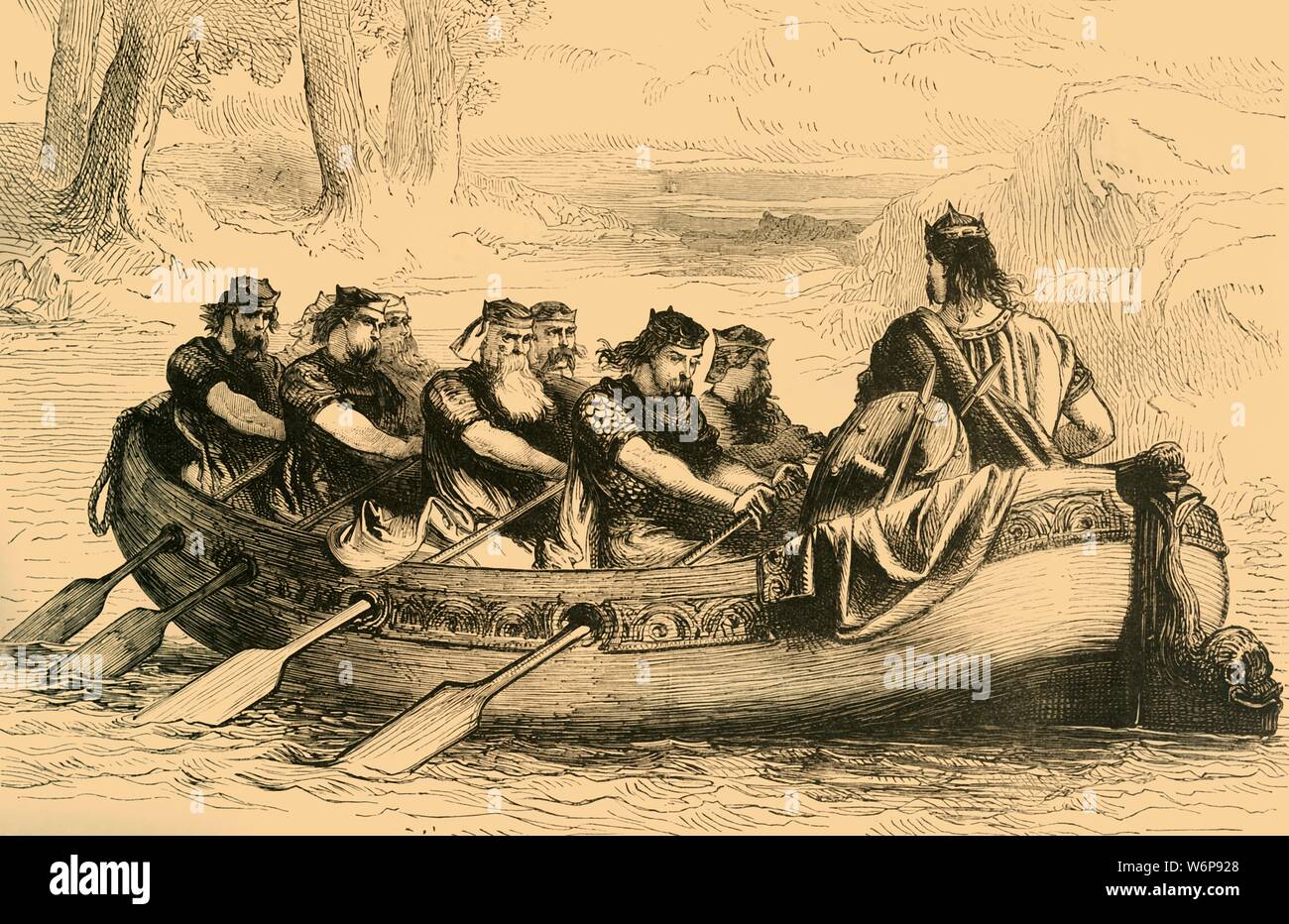 'Edgar the Pacific being rowed down the River Dee by Eight Tributary Princes', c1890. Edgar the Peaceful ( c943-975). Legend has it, following his coronation, eight kings including Kenneth II of Scotland and Mael Coluim, King of Strathclyde pledged allegiance and took to the oars of his state barge on the River Dee near Chester. From &quot;Cassell's Illustrated History of England&quot;. Stock Photo