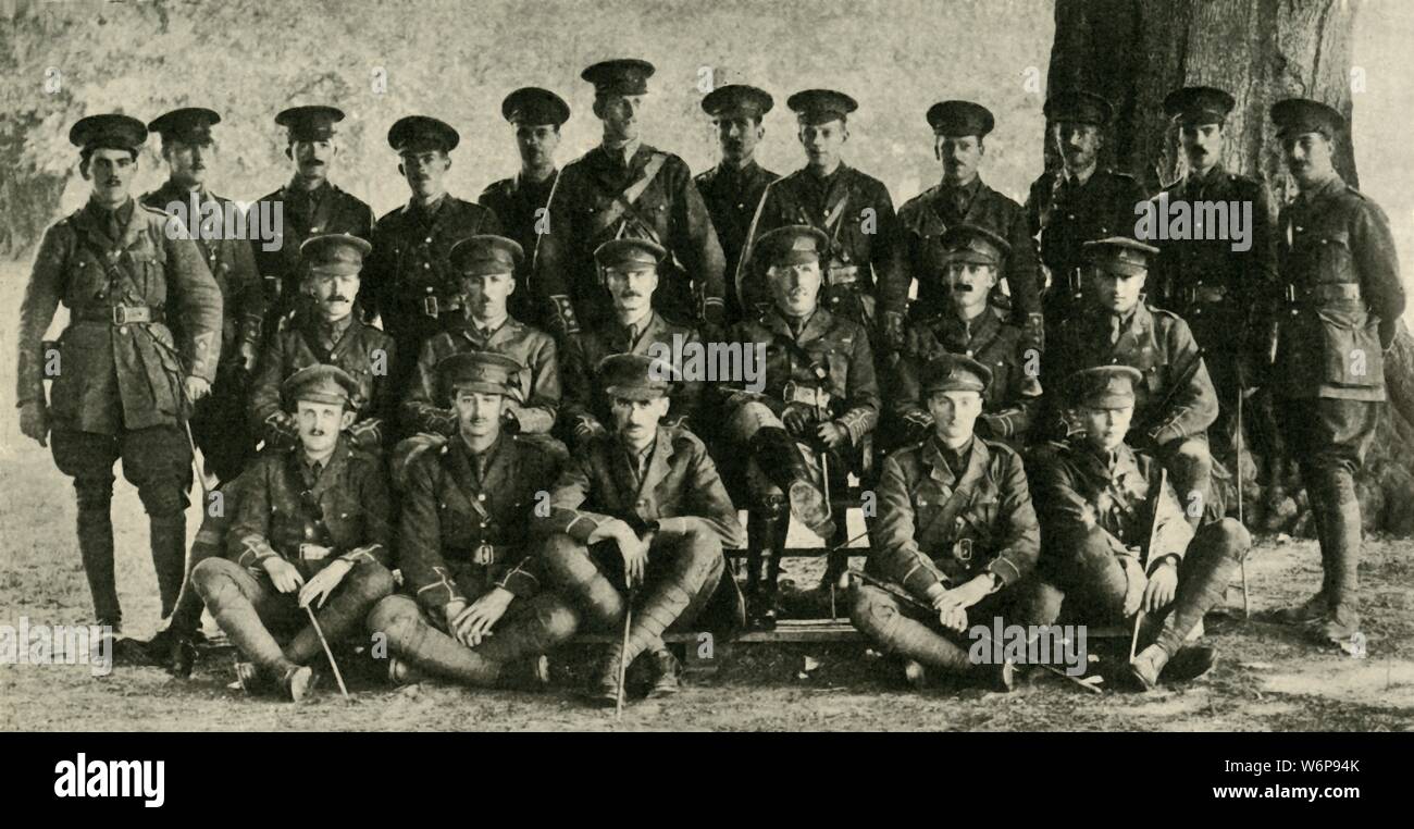 'The Lost Battalion in the Suvla Bay Operations', First World War, c1915, (c1920). 'Officers of the 1/5 (Territorial) Norfolk Regiment, sixteen of whom, with Colonel Sir Horace G. Beauchamp, charged with their men and were lost in the forest'. The Gallipoli peninsula in Turkey was the scene of heavy fighting between the allied forces of the British Empire including Australia, and New Zealand, and the Turkish Ottoman Empire. From &quot;The Great World War - A History&quot; Volume IV, edited by Frank A Mumby. [The Gresham Publishing Company Ltd, London, c1920] Stock Photo