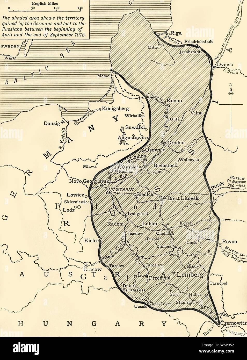 Land taken by Germany from Russia, First World War, 1915, (c1920). 'The Germanic Slice out of Russian Territory to the end of the Summer Campaign of 1915...territory gained by the Germans and lost to the Russians between the beginning of April and the end of September'. From &quot;The Great World War - A History&quot; Volume IV, edited by Frank A Mumby. [The Gresham Publishing Company Ltd, London, c1920] Stock Photo