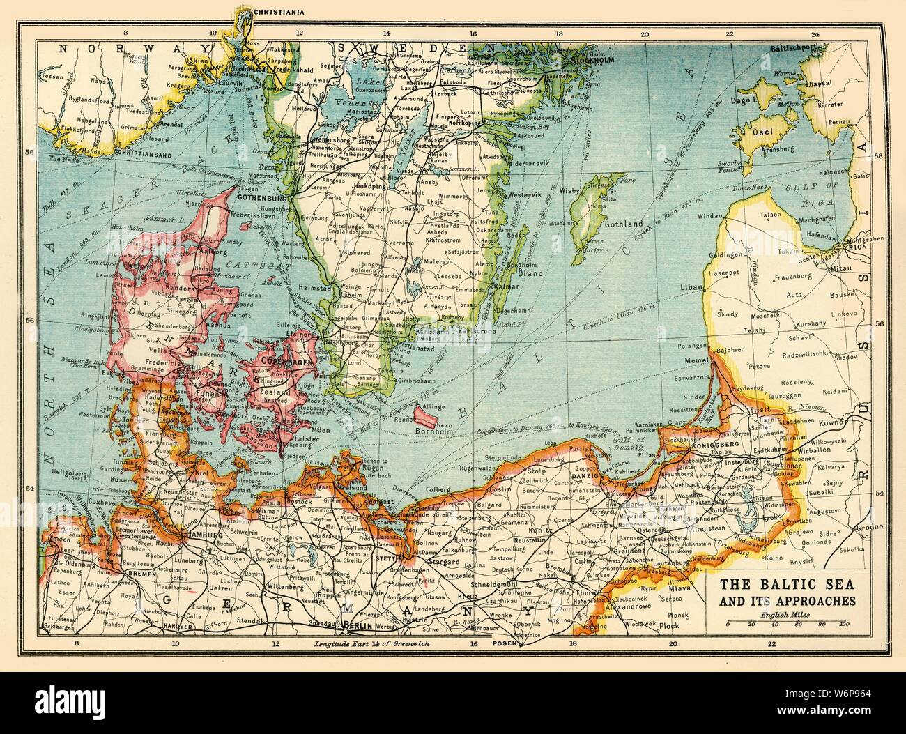 'The Baltic Sea and Its Approaches', First World War, c1915, (c1920). Map of part of northern Europe, showing sections of the coasts of Norway, Sweden, Russia, Germany and Denmark. From &quot;The Great World War - A History&quot; Volume IV, edited by Frank A Mumby. [The Gresham Publishing Company Ltd, London, c1920] Stock Photo