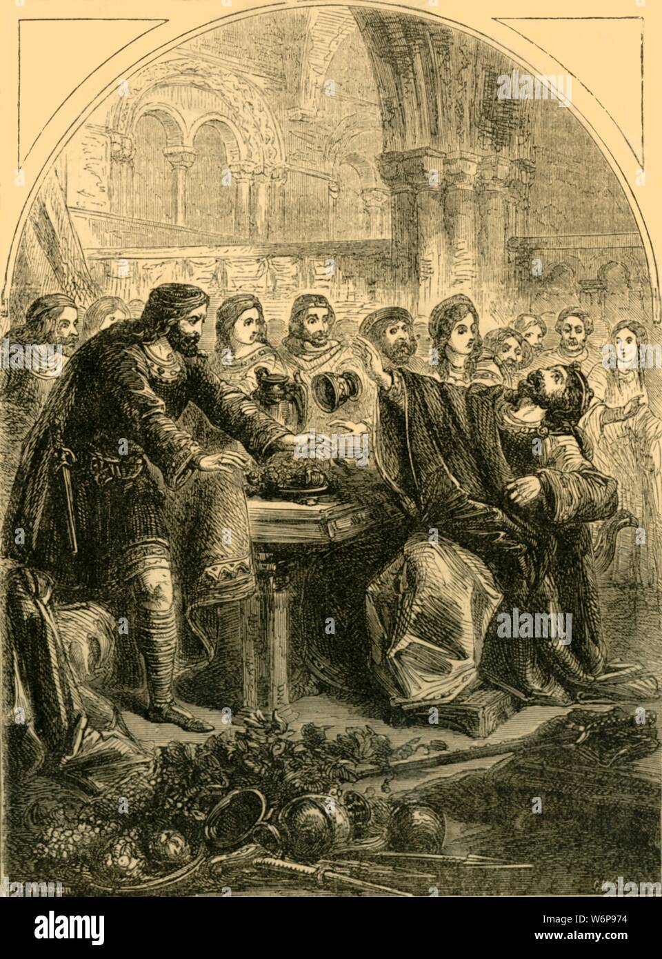'The Death of Hardicanute', c1890. Harthacnut (c1018-1042), King of Denmark and England died suddenly after consuming alcohol at the wedding of Tovi the Proud to Gytha, daughter of Osgod Clapa in Lambeth. From &quot;Cassell's Illustrated History of England&quot;. Stock Photo