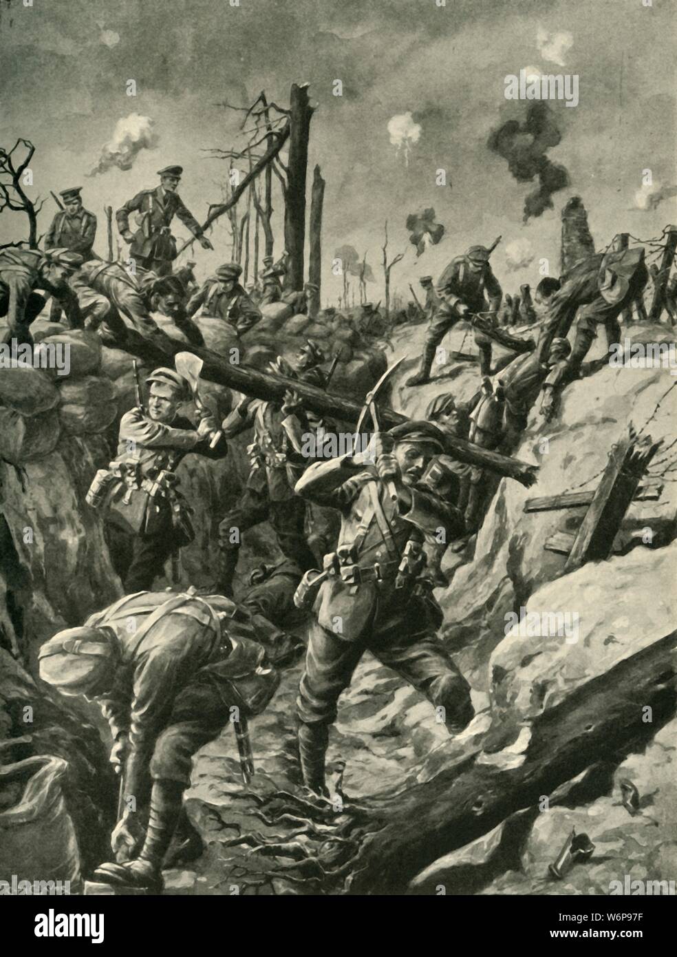British soldiers in a German trench, Western Front, First World War, c1915, (c1920). 'Consolidating a captured German Trench after the Great Attack: British infantry at work near Hulluch' (in northern France). Drawn 'from the description of a wounded soldier'. From &quot;The Great World War - A History&quot; Volume IV, edited by Frank A Mumby. [The Gresham Publishing Company Ltd, London, c1920] Stock Photo