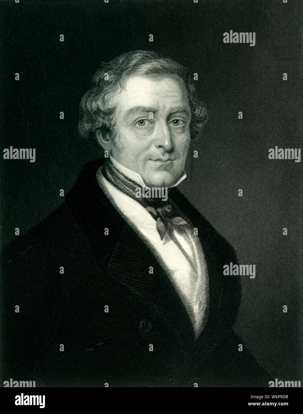 'Sir Robert Peel Bart.', c1820, (c1884). Sir Robert Peel, 2nd Baronet (1788-1850) British industrialist and Conservative, educated at  Christ Church, Oxford. Founded the Metropolitian Police Service, served twice as Prime Minister and Home Secretary during the reign of Queen Victoria. From &quot;Leaders of the Senate: A Biographical History of the Rise and Development of the British Constitution, Vol. I.&quot;, by Alexander Charles Ewald, F.S.A. [William Mackenzie, London, Edinburgh &amp; Berlin] Stock Photo