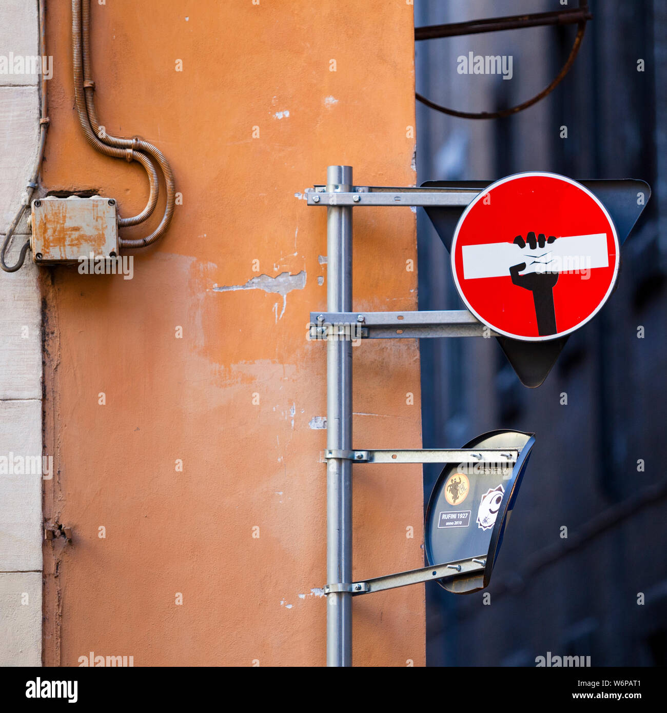 Modified one-way-sign in Rome, Italy Stock Photo