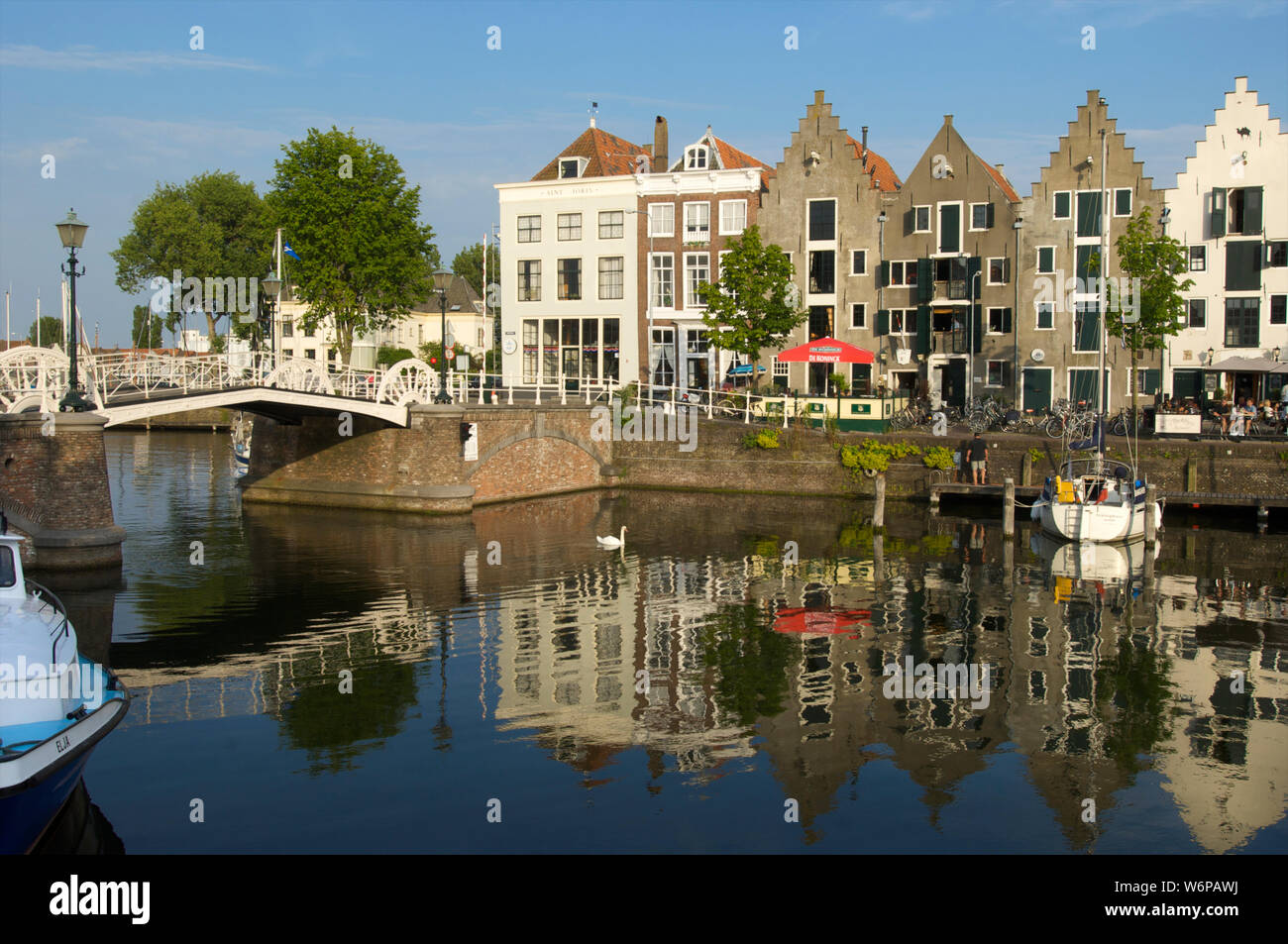 The Kinderdijk and the Spijker Bridge with historic buildings in the city of Middelburg, the Netherlands Stock Photo