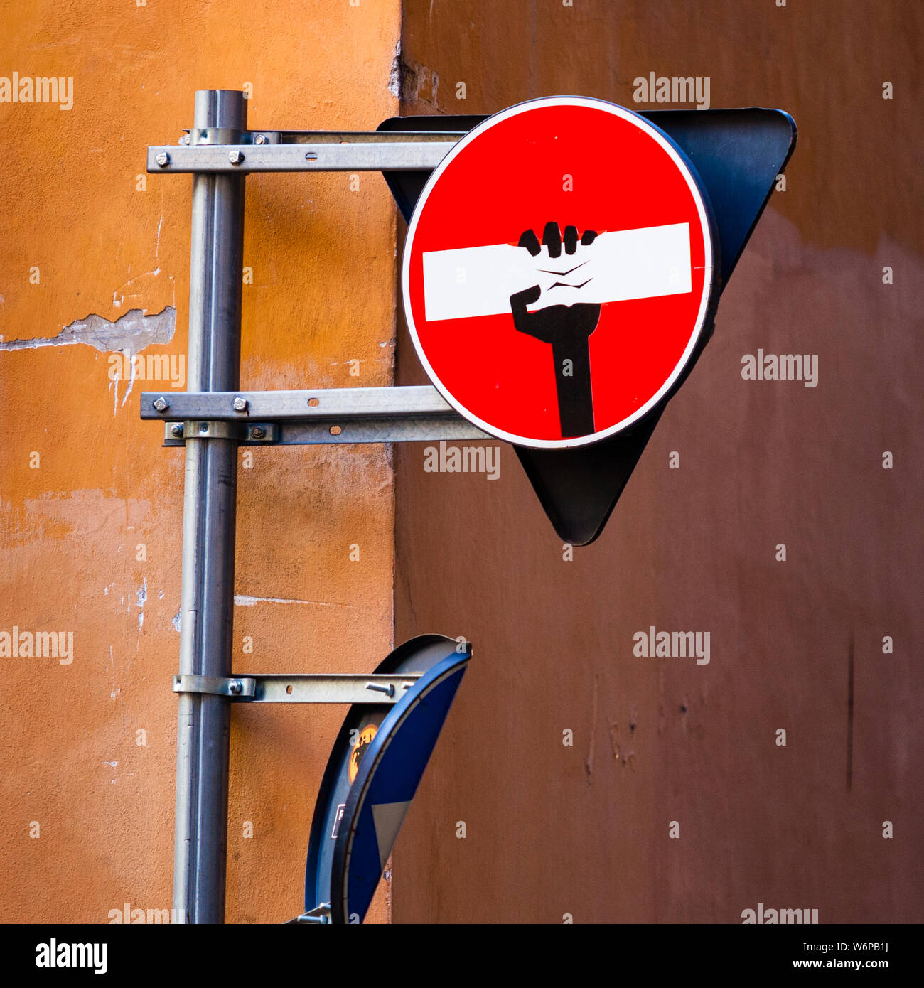 Modified one-way-sign in Rome, Italy Stock Photo