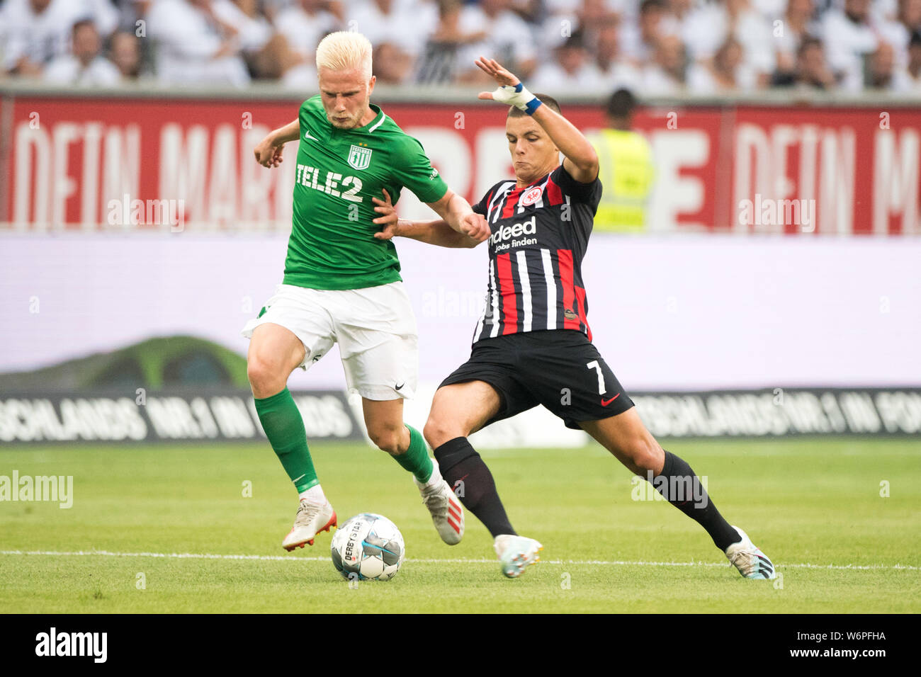 Henri Jaervelaid (left, JÃ  velvel, Flora) versus Dejan JOVELIJIC (F), Action, duels, Soccer Europa League, Qualification, 2nd round, Ruckck, Eintracht Frankfurt (F) - FC Flora Tallinn (Flora) 2: 1, am 01.08.2019 in Frankfurt/Germany. | Usage worldwide Stock Photo