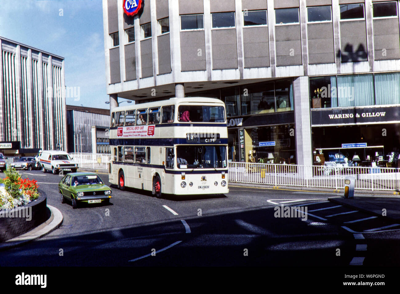 Leyland Atlantean Double Decker Bus operated by Sheffield Transport. Image taken in Sheffield City Centre during the early 1980s Stock Photo
