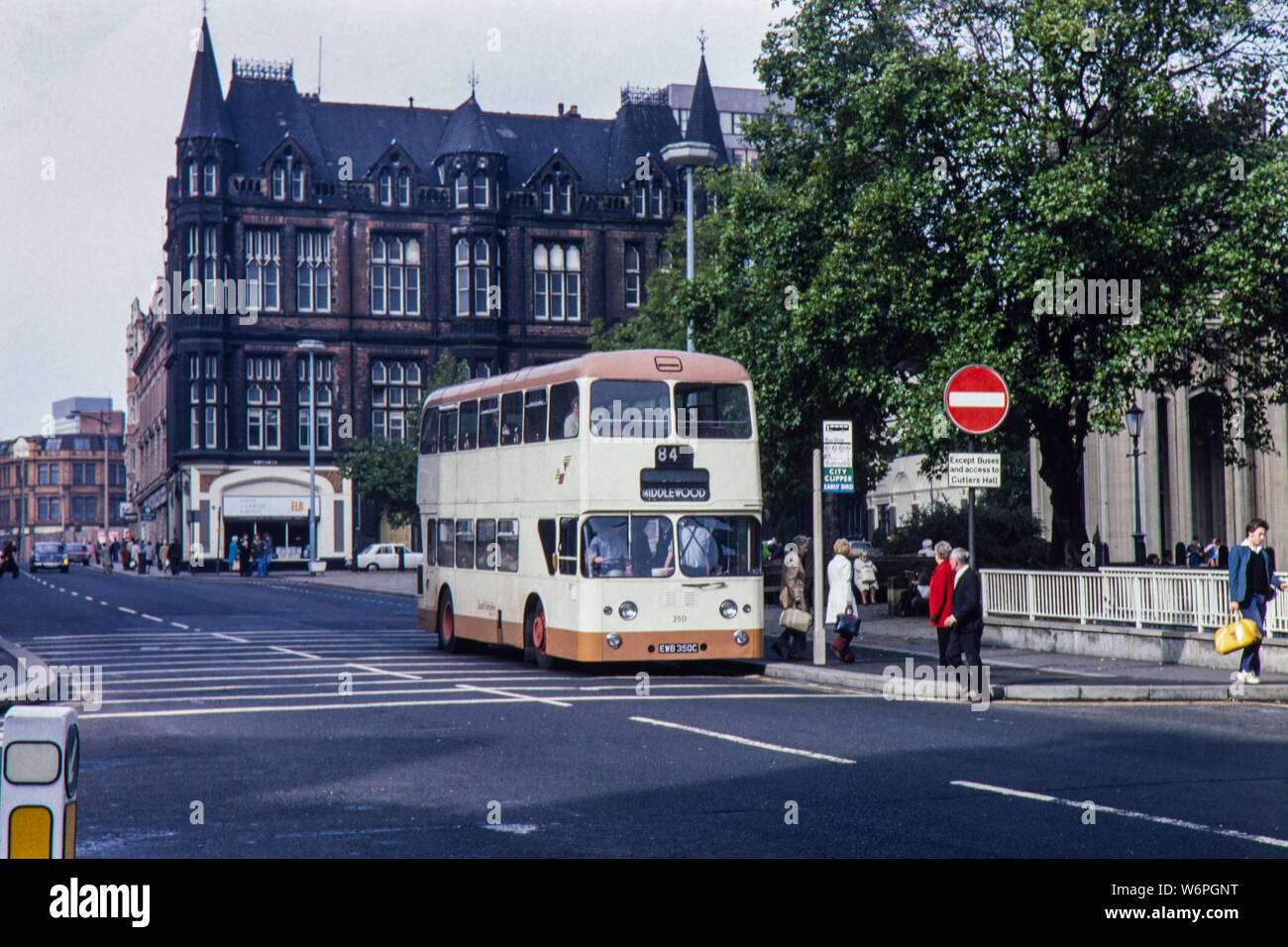 Leyland Atlantean Double Decker Bus operated by South Yorkshire Transport. Image taken in Church Street and outside Sheffield Cathedral  on 28th September 1976 Stock Photo
