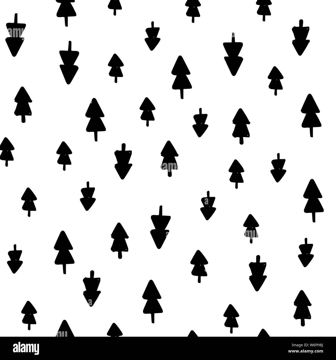 Hand draw Christmas Tree Seamless Pattern black and white colors. Monochrome Vector Simple Scandinavian Background. Ink Doodle texture for New Year 2020. For Postcards, packaging, printing on fabric Stock Vector