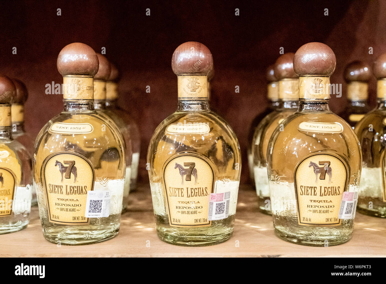 Bottles of Reposado tequila in the tasting room inside the Casa Siete