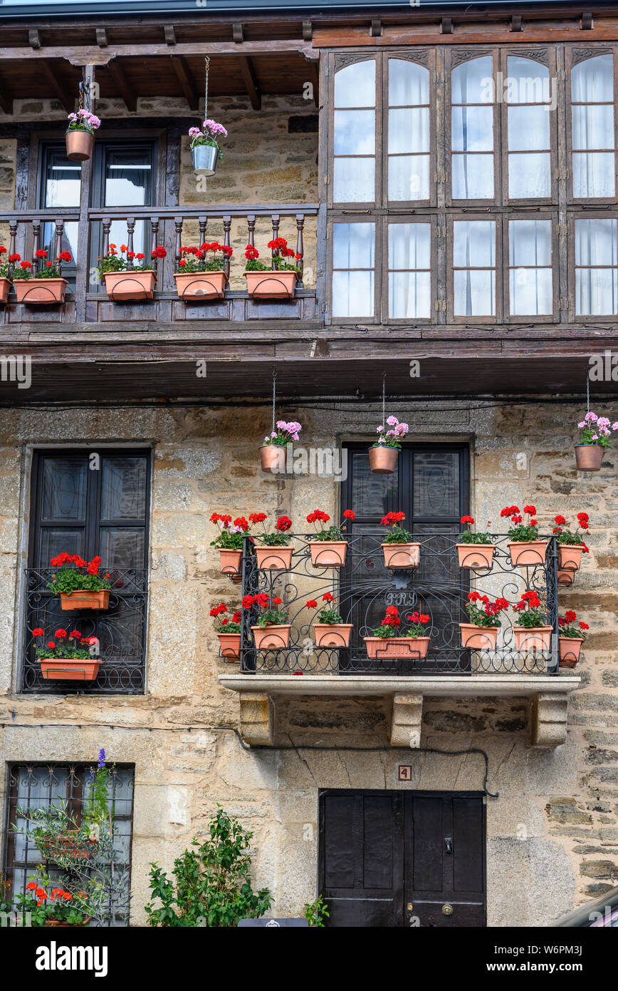 Flower pots decorating the facade of a house in Puebla de Sanabria, Zamora Province, Castilla y Leon, Spain. Stock Photo