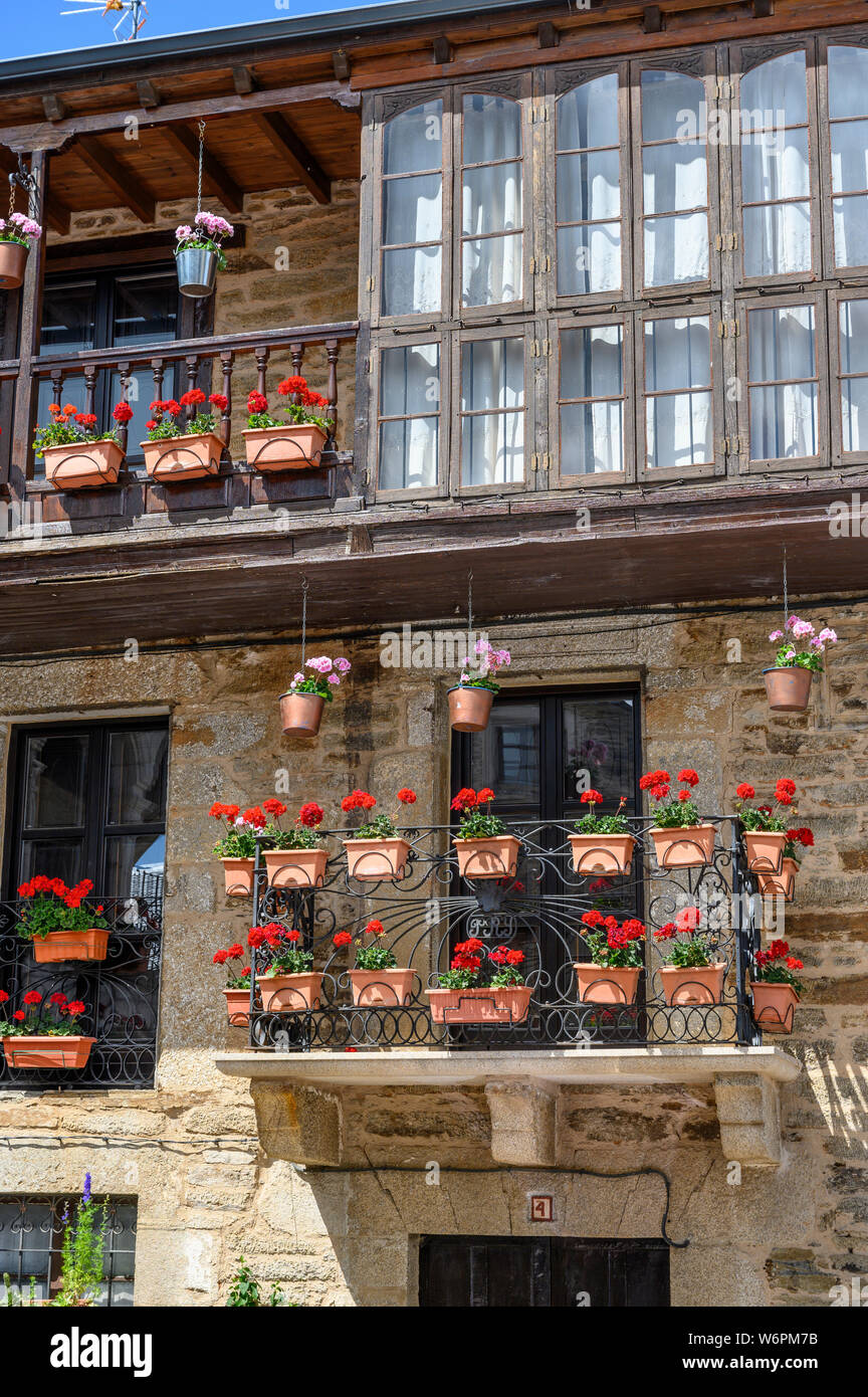 Flower pots decorating the facade of a house in Puebla de Sanabria, Zamora Province, Castilla y Leon, Spain. Stock Photo